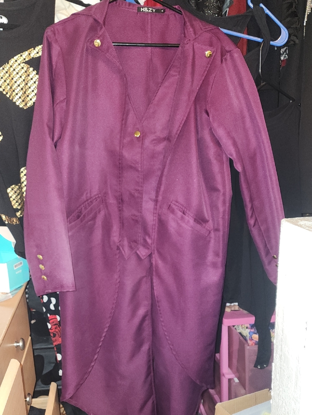 H&ZY Willy Wonka Men's Cosplay Plum Long Coat with Gold Buttons